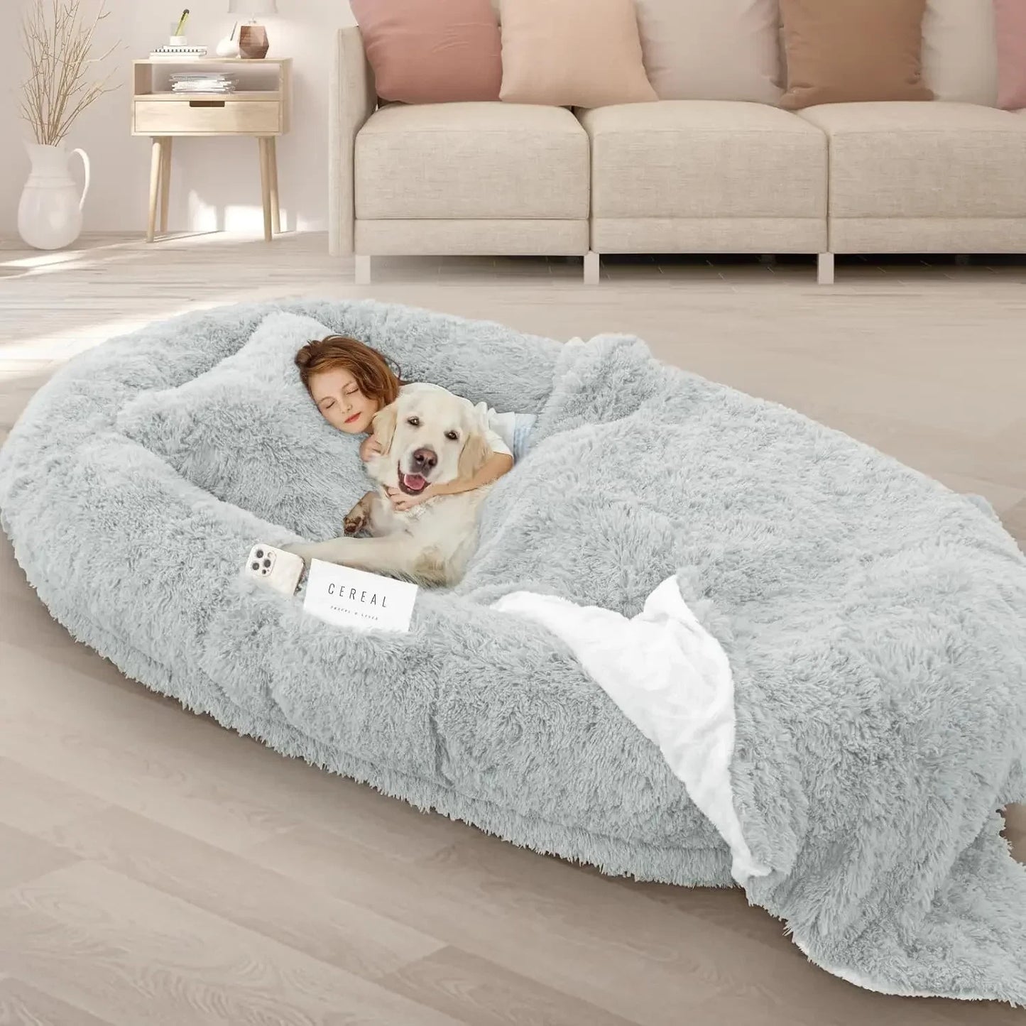 Human Dog Bed Giant Size for Adults and Pets 72" x 48" x 12" Comfortably Plush and Anxiety Relieving Memory Foam with Matching Pillow and Blanket