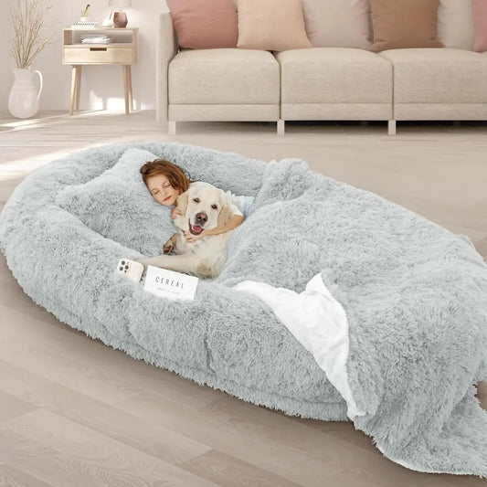 Human Dog Bed Giant Size for Adults and Pets 72" x 48" x 12" Comfortably Plush and Anxiety Relieving Memory Foam with Matching Pillow and Blanket